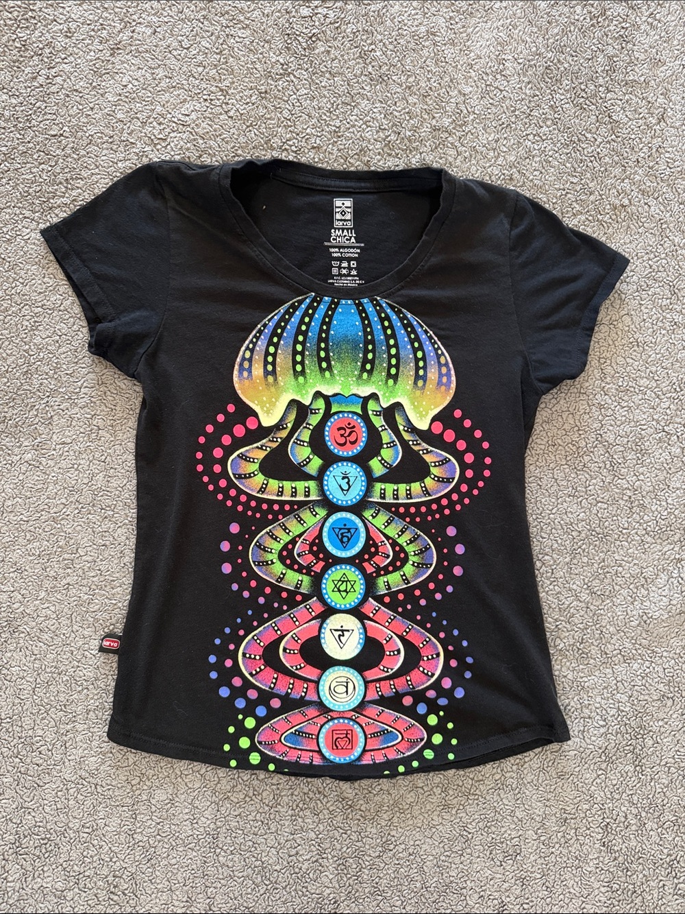 Black Short-Sleeve Women's Tee with Multicolor Chakra Graphic